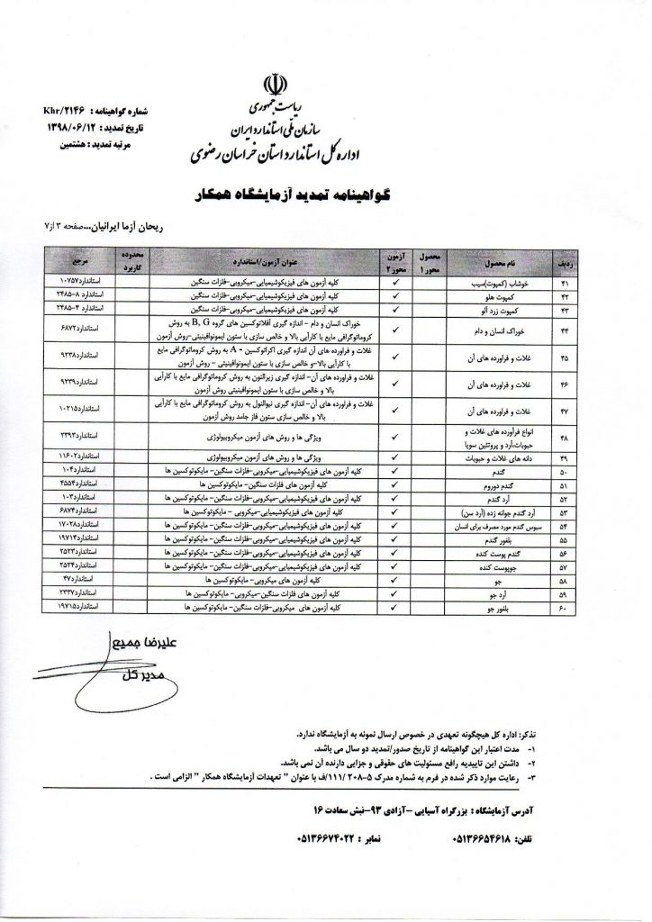 پروانه استاندارد ریحان آزما - آزمایشگاه ایران