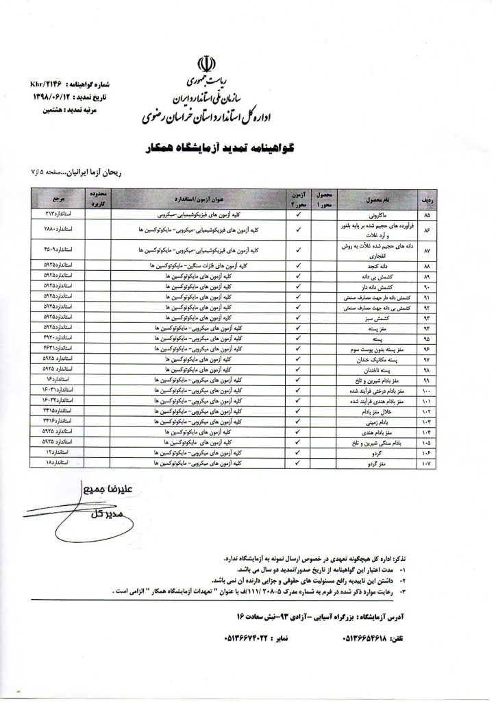 پروانه استاندارد ریحان آزما - آزمایشگاه ایران